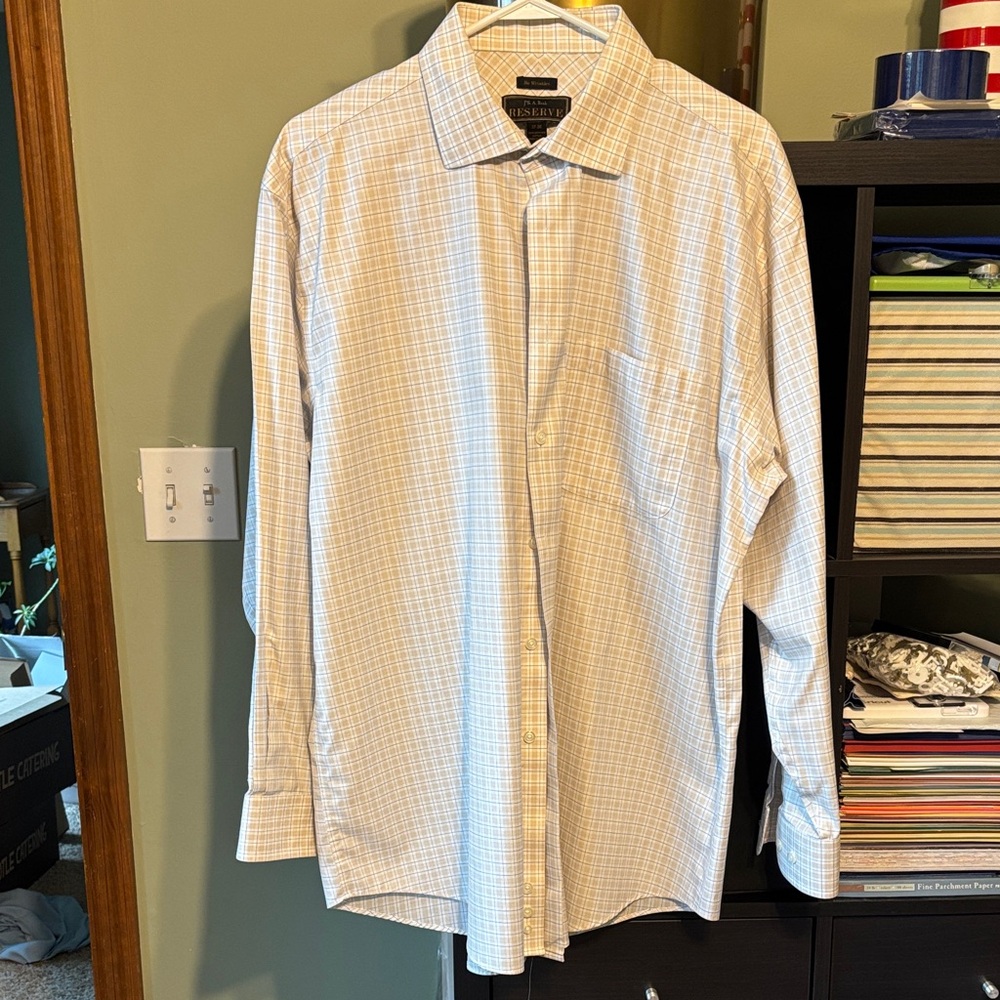 Jos. A. Bank Men's White and Tan Checkered Dress Shirt